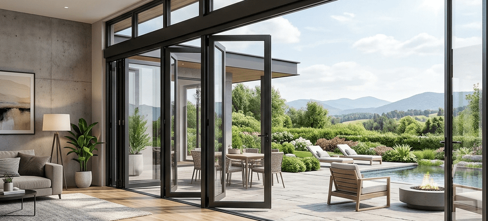 Modern living room with open glass doors overlooking a pool and mountains